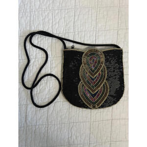 Vintage 60s/70s La Regale Black & Gold Beaded Evening Bag, Handmade Purse